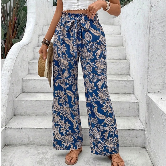 Boho Tropical Leaves Print High Waisted Stretchy Waist Wide leg Pants - Picture 2 of 9